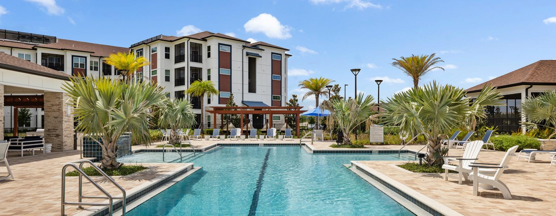 a swimming pool in a resort