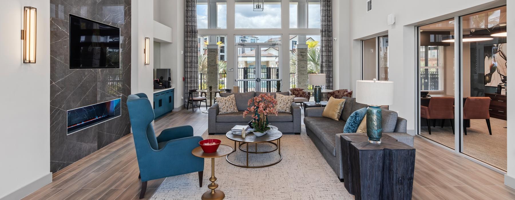a living room with a fireplace